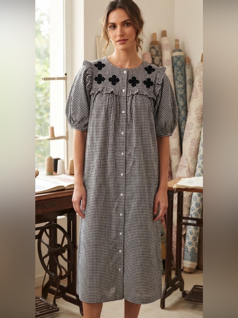 Dear Abigael Gingham Button-Front Black Marigold Dress Emroidered One Size